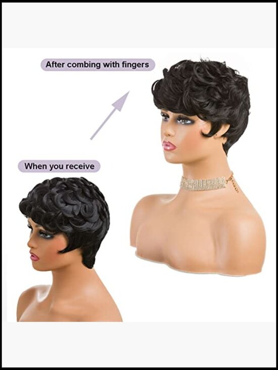 Short Curly Pixie Cut Wig Heat Resistant Fiber with Bangs Average Cap Size main image 6